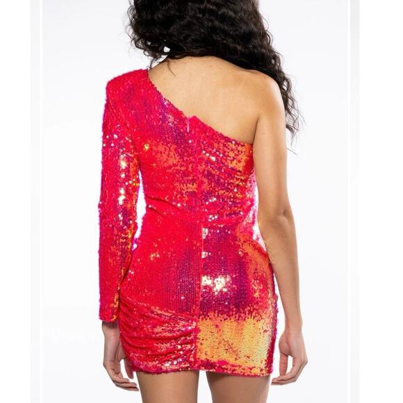 NEW Akira Maximum Sequin One Shoulder Mini Dress Sz L Iridescent Hot Pink Party - Picture 5 of 13